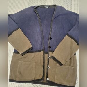 Men's Blue and Tan Cardigan Sweater